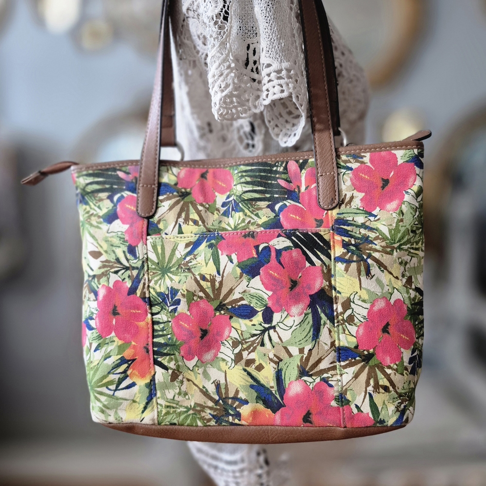 Croft & Barrow Barbiecore Floral Tote with Brown Trim 13 x 10